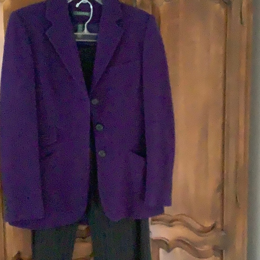 Lauren Ralph Lauren pant suit purple jacket and dark grey pin striped no pleats